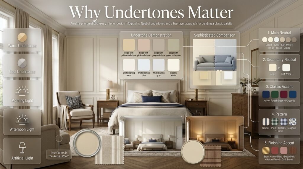 Elegant preppy interior showing warm and cool neutral undertones with cream, ivory, beige, navy, brass, wood, and classic patterns.