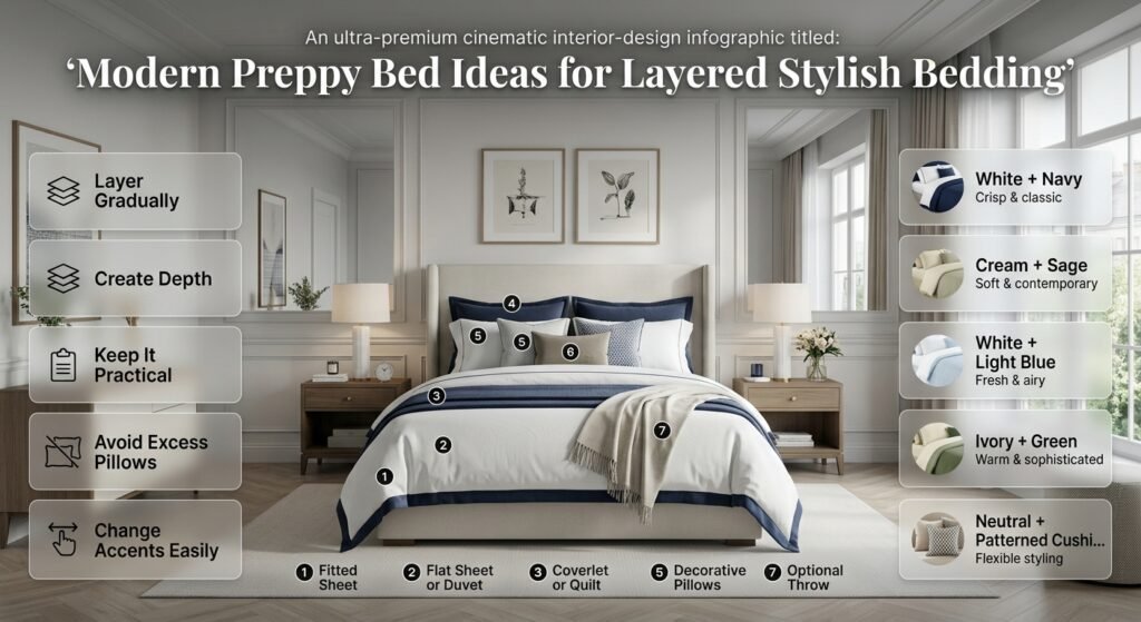 Modern preppy bed with layered white and navy bedding, decorative pillows, accent cushions, and an optional throw for depth.