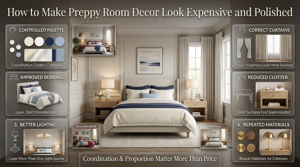 Elegant preppy bedroom showing controlled colors, layered bedding, refined lighting, tailored curtains, clean surfaces, and repeated materials.