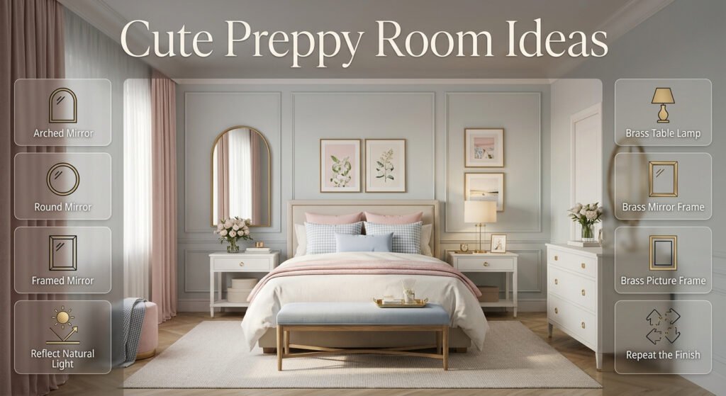 Cute preppy room featuring a decorative mirror, warm brass accents, stylish lamp, framed decor, and coordinated polished details.