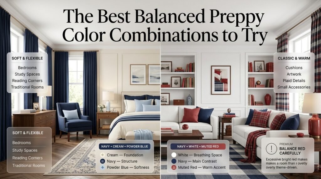 Balanced preppy color combinations featuring navy, cream, powder blue, white, and muted red in stylish interiors
