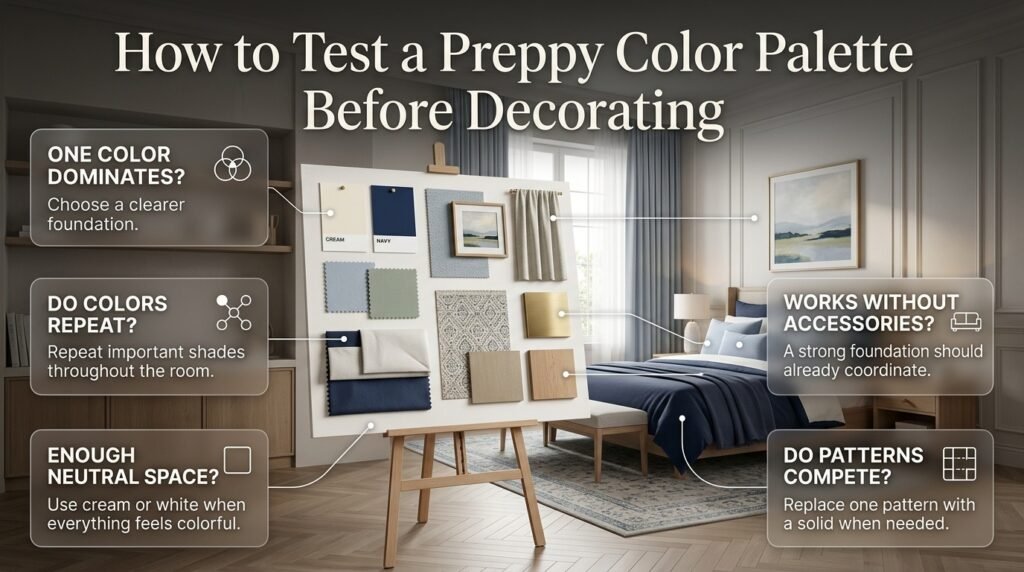 Preppy color palette mood board showing furniture, bedding, rug, curtains, artwork, accents, metals, and wood tones