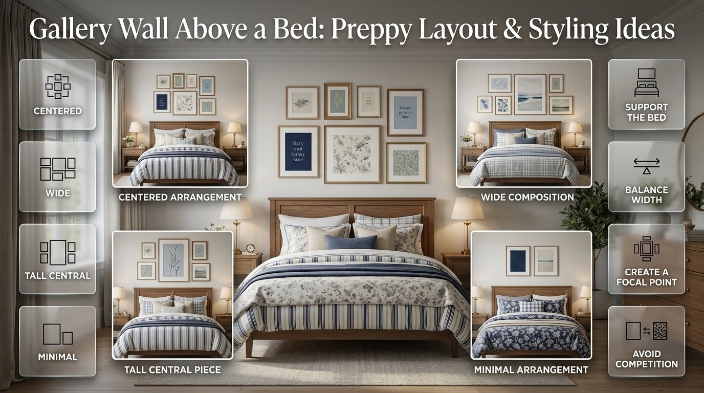 Gallery wall above a preppy bed showing centered, wide, tall central, and minimal artwork arrangements for balanced styling.