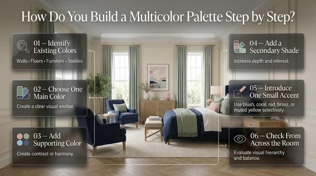 Step-by-step multicolor room palette using cream, navy, sage, light blue, pink, and selective accent colors.