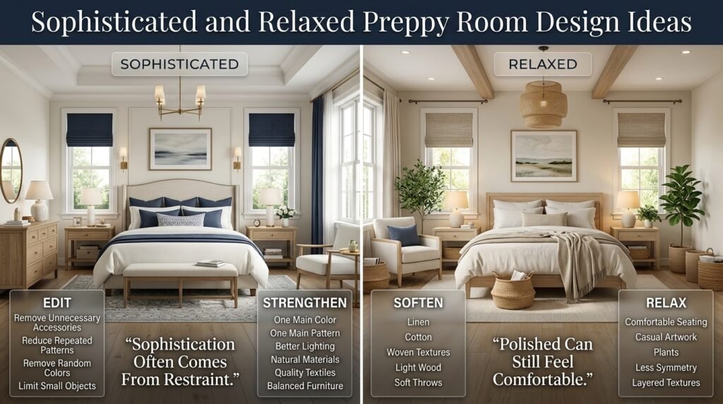 Sophisticated and relaxed preppy room with balanced furniture, natural textures, soft textiles, layered lighting, and refined decor.