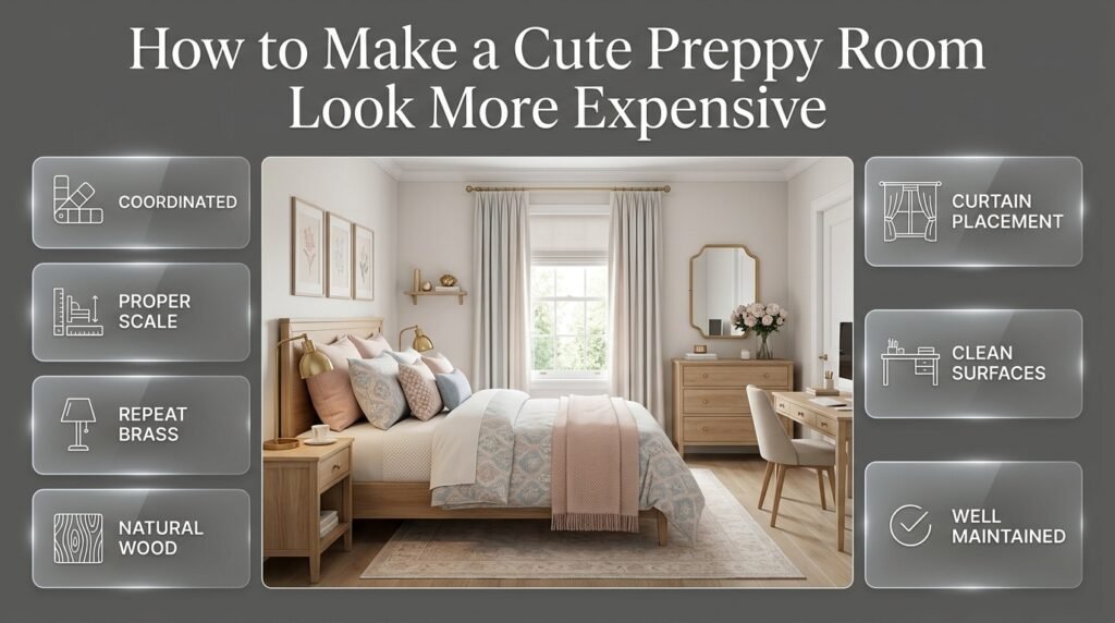Polished cute preppy room with coordinated brass accents, natural wood, well-placed curtains, and clean organized surfaces.