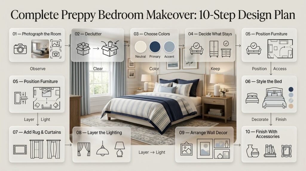 Preppy bedroom makeover showing a planned sequence from decluttering and color selection to furniture placement, lighting, and decor