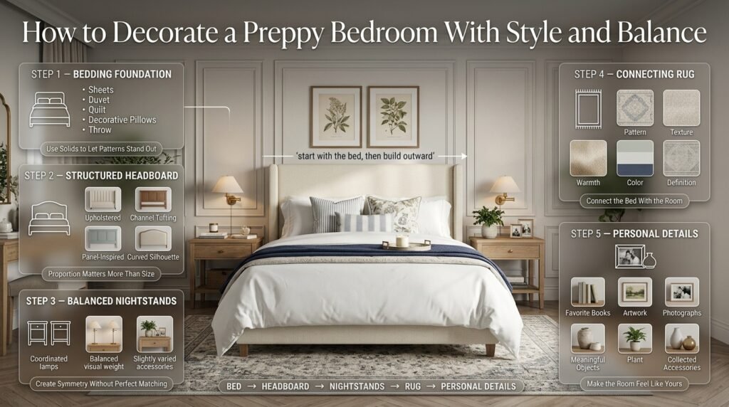 Preppy bedroom with layered bedding, structured headboard, balanced nightstands, area rug, personal decor, and classic styling details.