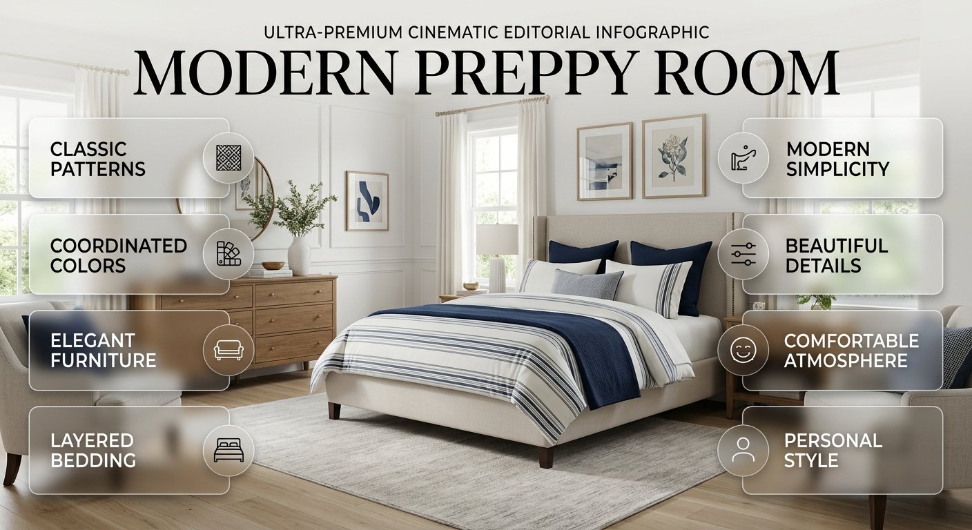 Modern preppy room with classic patterns, elegant furniture, coordinated colors, layered bedding, and contemporary decor. Modern Preppy Room Ideas for a Stylish Contemporary Space