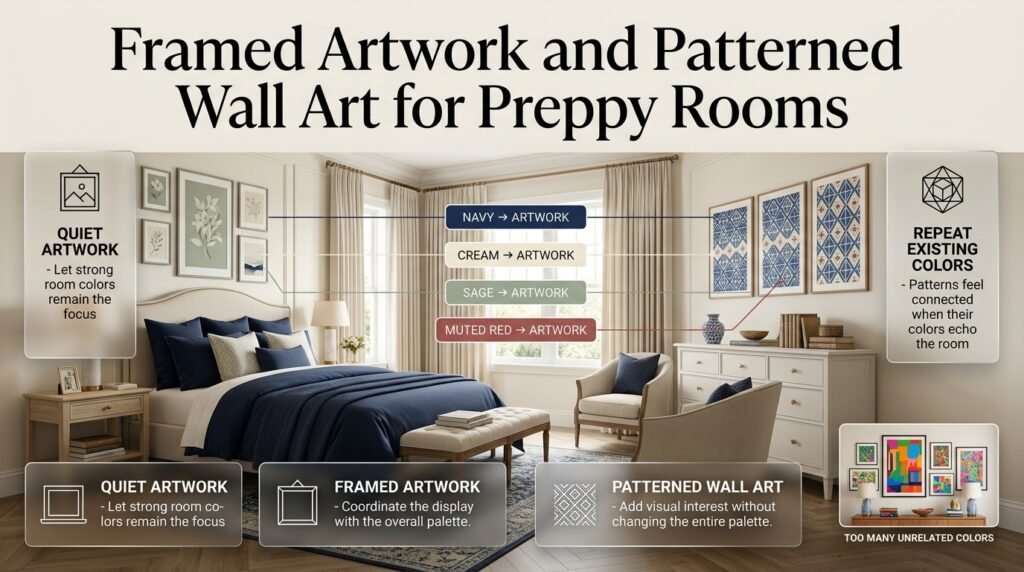 Framed artwork and patterned wall art using navy, cream, sage, blue, and muted red in a balanced preppy room
