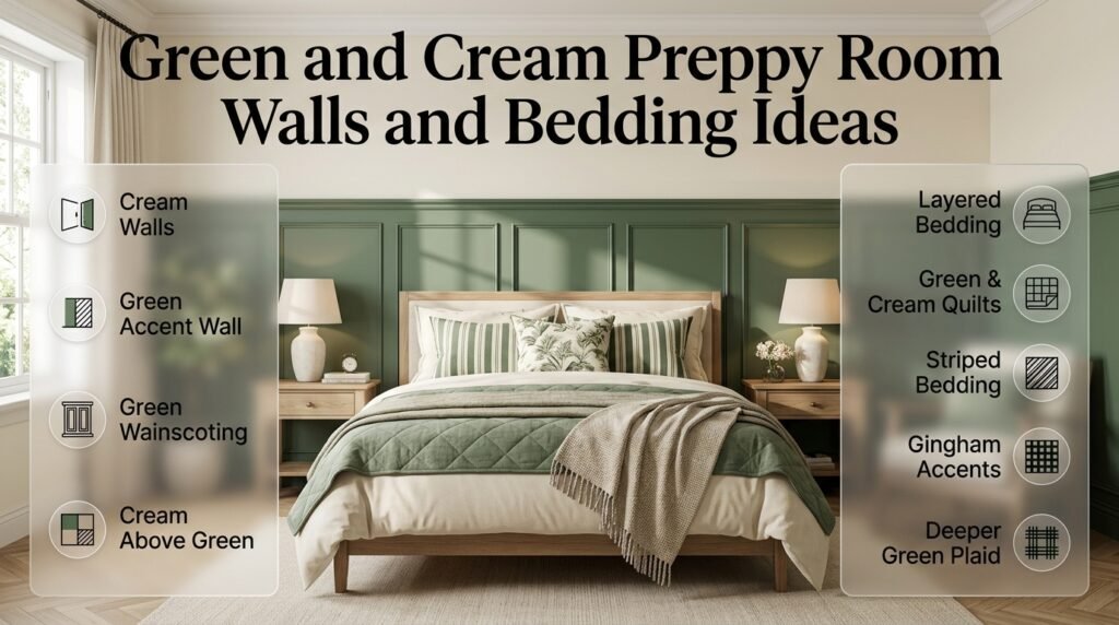 Green and cream preppy bedroom with wainscoting, layered bedding, striped pillows, botanical accents, and elegant wall styling.