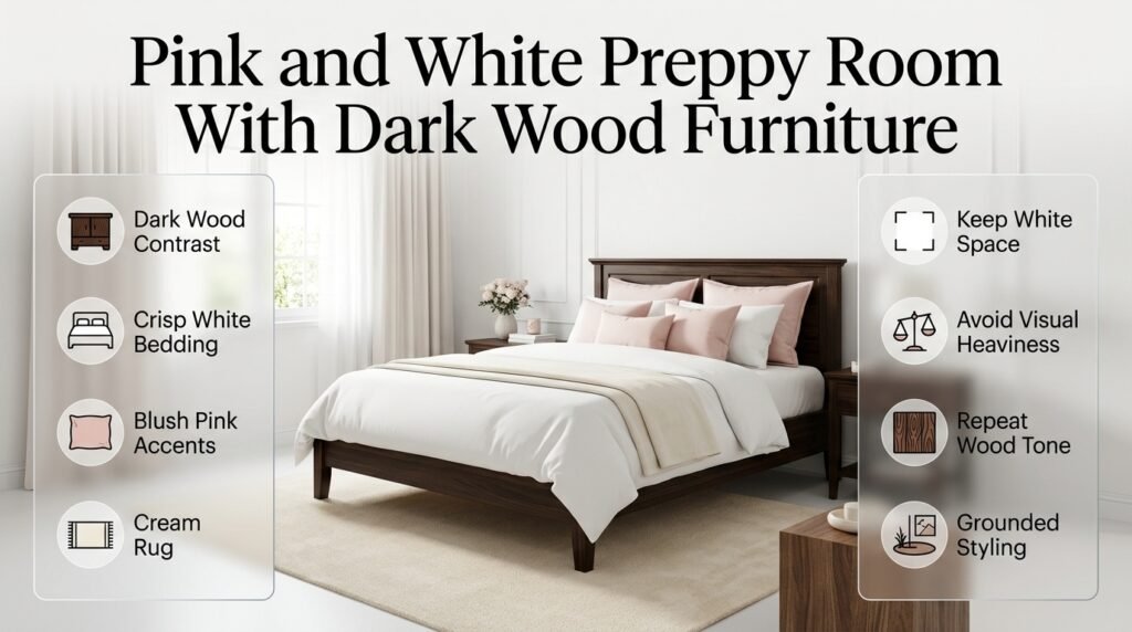 Pink and white preppy bedroom featuring a dark wood bed, white bedding, blush pillows, cream rug, and balanced furniture styling.