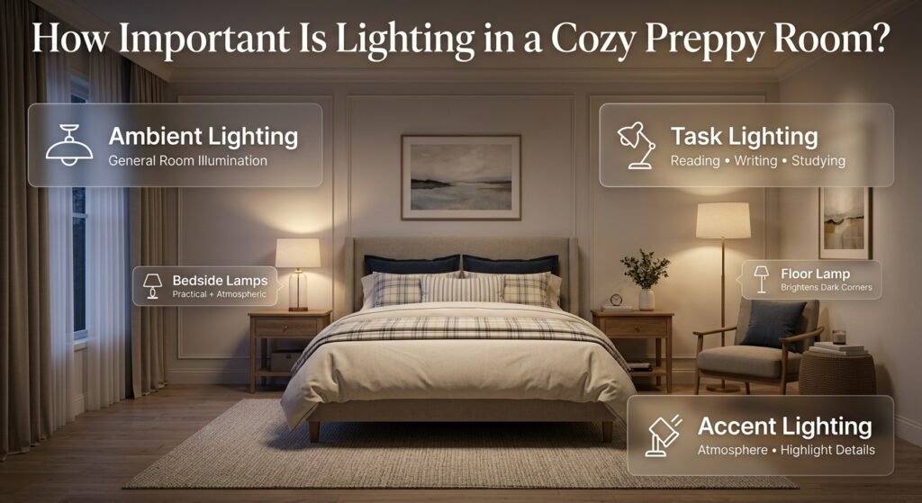 Cozy preppy room with layered ambient, task, and accent lighting creating a warm and inviting bedroom atmosphere