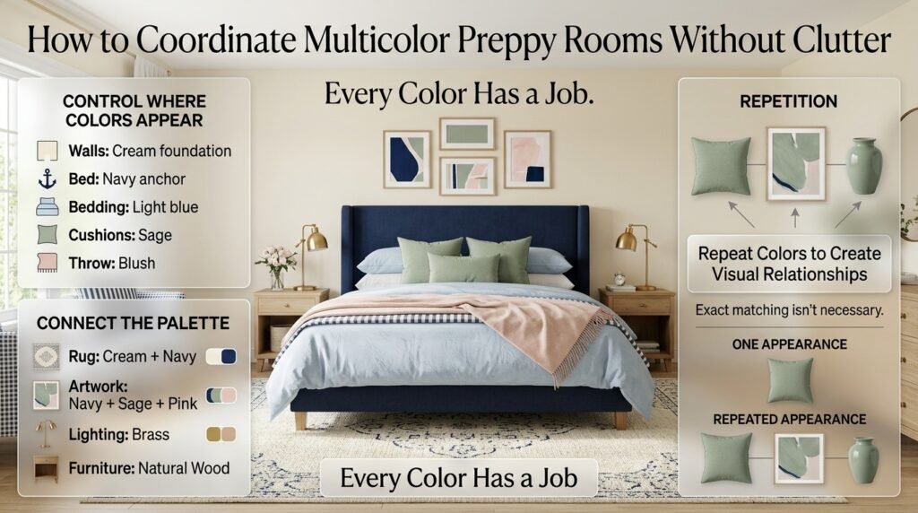 Multicolor preppy bedroom with cream walls, navy bed, light blue bedding, sage cushions, blush accents, brass, and wood.How to Coordinate Multicolor Preppy Rooms Without Clutter