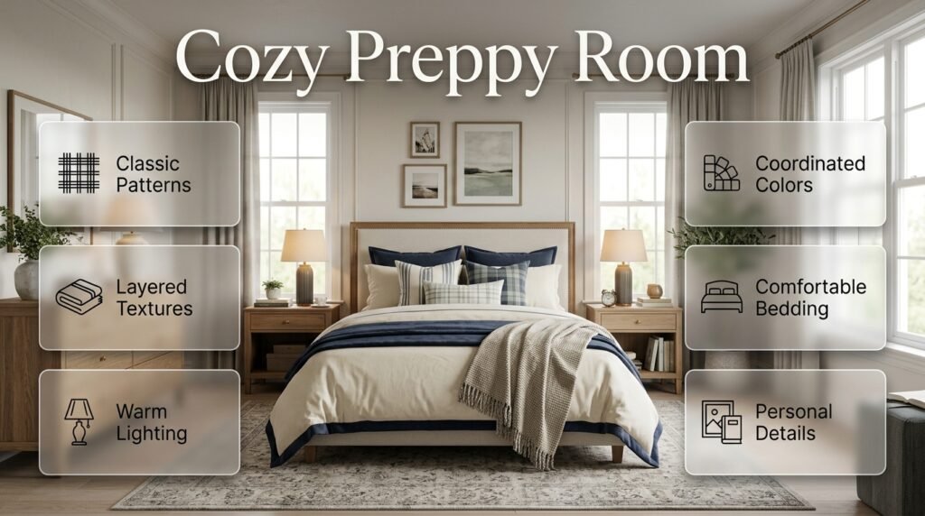 11-step cozy preppy room design guide showing colors, patterns, textures, lighting, storage, decor, and personal details