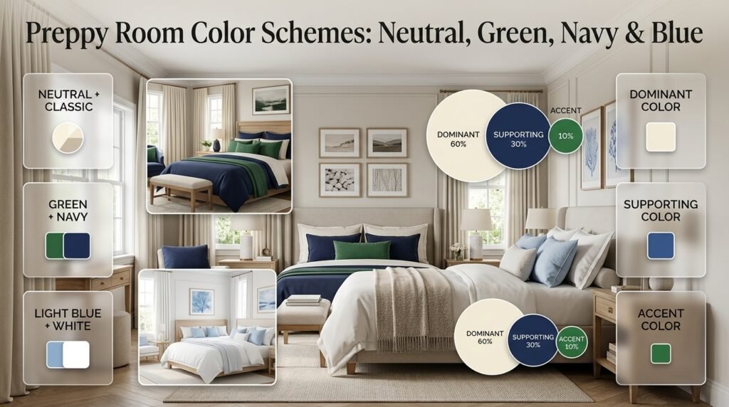 Preppy room color schemes featuring neutral tones, green and navy, light blue and white, plus balanced three-color palettes.