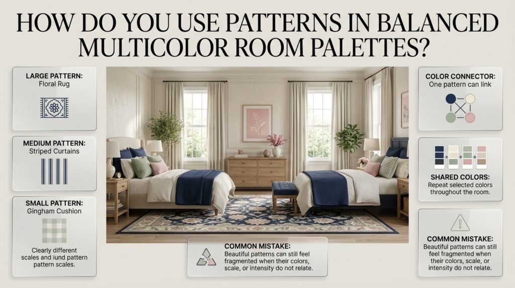 Balanced multicolor room using a colorful rug, striped curtains, and gingham cushion with coordinated pattern scales.