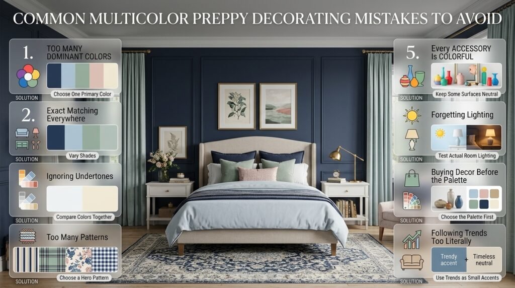 Multicolor preppy bedroom showing common decorating mistakes with color balance, patterns, undertones, lighting, and accessories.