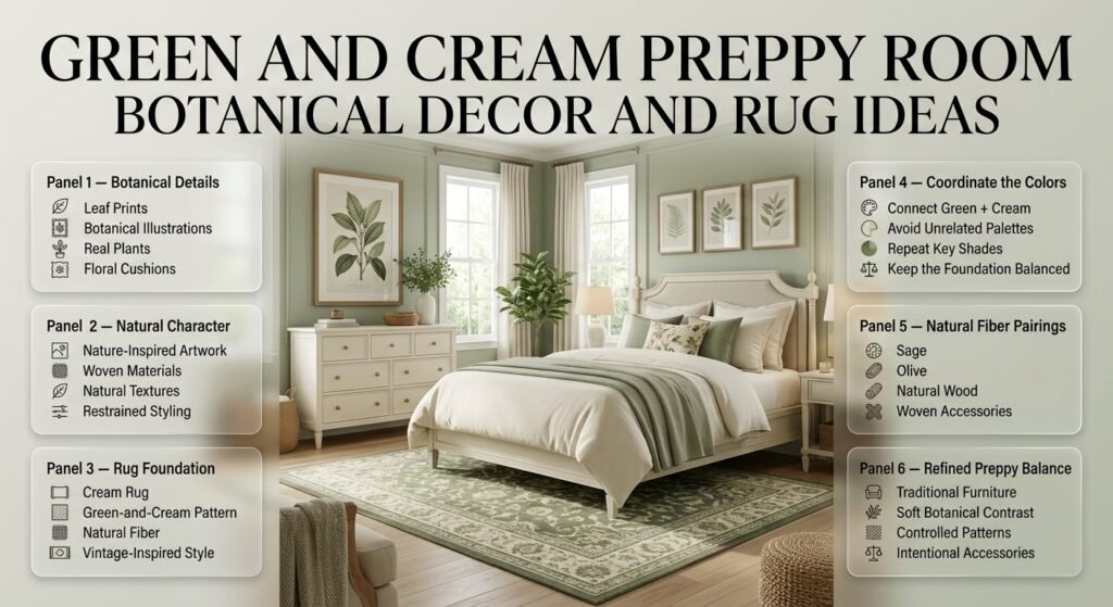 Green and cream preppy room with botanical artwork, natural textures, layered rugs, plants, and coordinated decorative details.