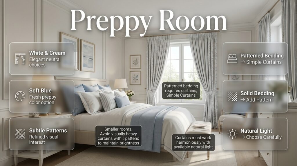 Preppy room with elegant curtains in soft blue, cream, and subtle patterns complementing stylish bedroom decor