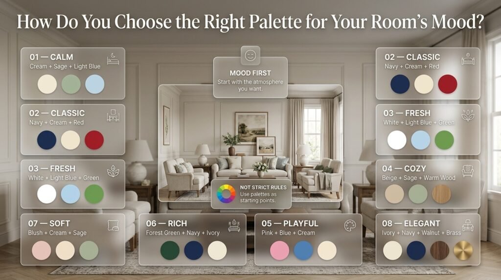 Room mood color guide showing calm, classic, fresh, cozy, playful, rich, soft, and elegant multicolor palettes.
