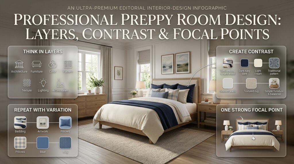 Professional preppy room design with layered textures, navy and cream contrast, repeated blue accents, and a stylish focal bed