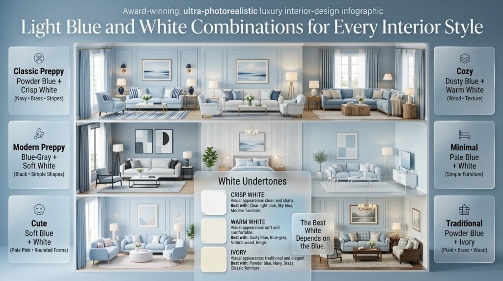 Light blue and white preppy interiors across classic, modern, cute, cozy, minimal, and traditional design styles.