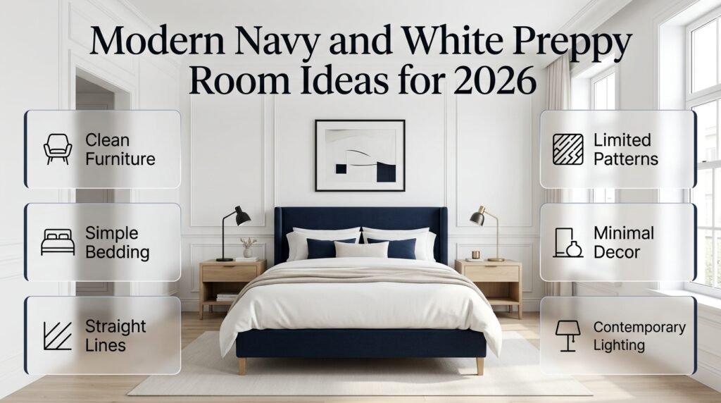Modern navy and white preppy room with clean furniture, simple bedding, light wood, minimal decor, and contemporary lighting