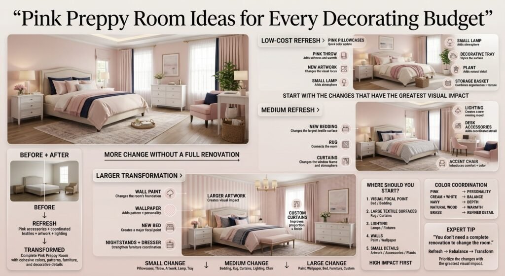 Pink Preppy Room shown across low-cost, medium, and larger refresh options with bedding, rugs, curtains, lighting, furniture, and decor.