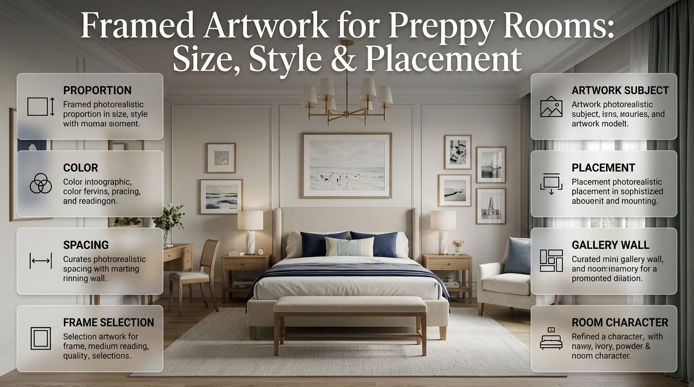 Framed artwork ideas for preppy rooms showing frame styles, artwork size, wall placement, gallery walls, colors, and spacing. Framed Artwork for Preppy Rooms: Size, Style & Placement