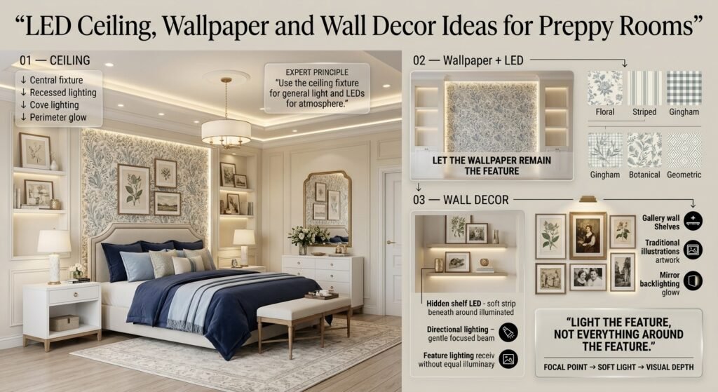 Preppy room with LED ceiling lighting, patterned wallpaper, gallery wall, decorative shelves, mirror backlighting, and classic decor.