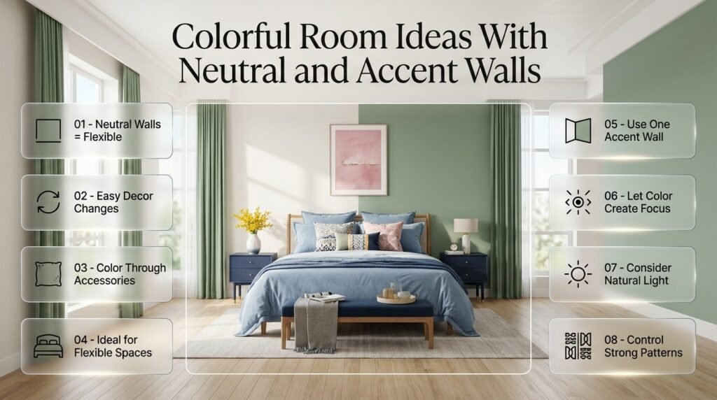 Colorful room with warm white walls, blue bedding, green curtains, pink artwork, and a bold accent wall