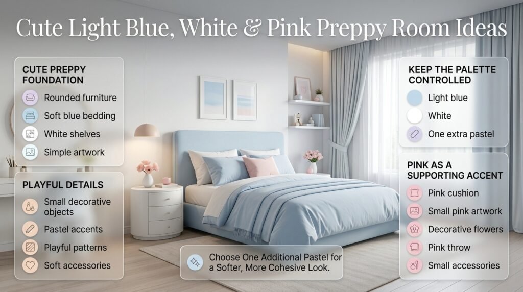 Cute preppy room with light blue and white decor, rounded furniture, pale pink accents, playful patterns, and soft accessories.