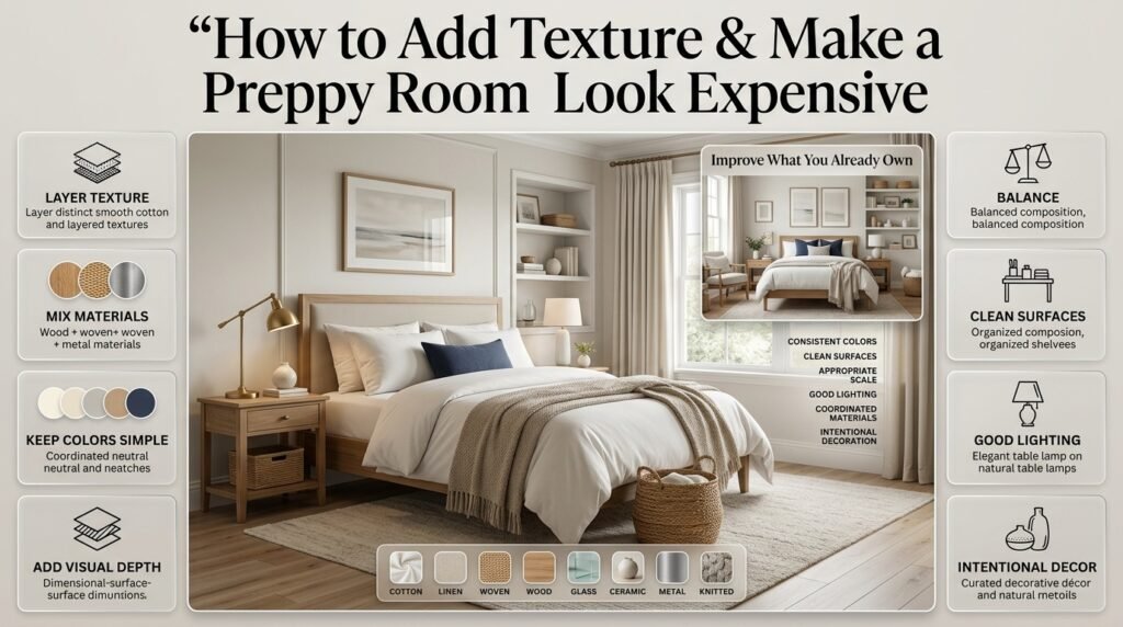 Preppy room texture ideas using linen, wood, woven baskets, rugs, brass, and balanced styling for an expensive look.