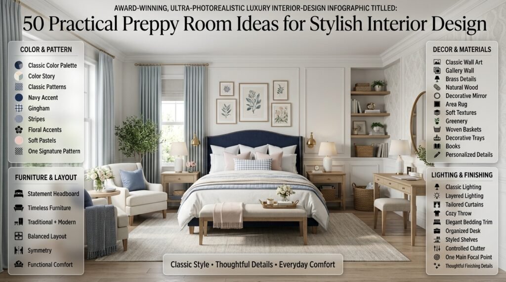 Preppy bedroom showcasing 50 decorating ideas with classic colors, layered bedding, patterns, furniture, lighting, textures, and decor.