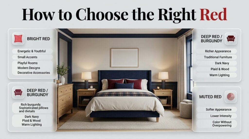 Red color guide for preppy rooms comparing bright red, deep burgundy, and muted red with navy decor and furniture.