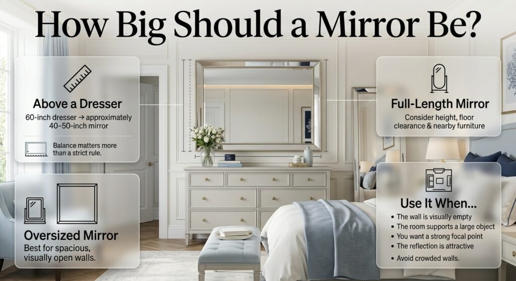 Preppy bedroom mirror size guide showing dresser proportions, full-length mirror placement, and oversized mirror design balance