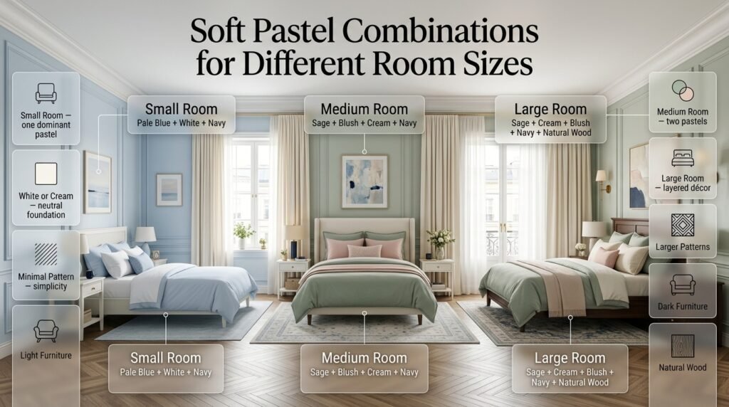 Preppy rooms showing soft pastel combinations for small, medium, and large spaces with cream, navy, sage, blush, and natural wood.