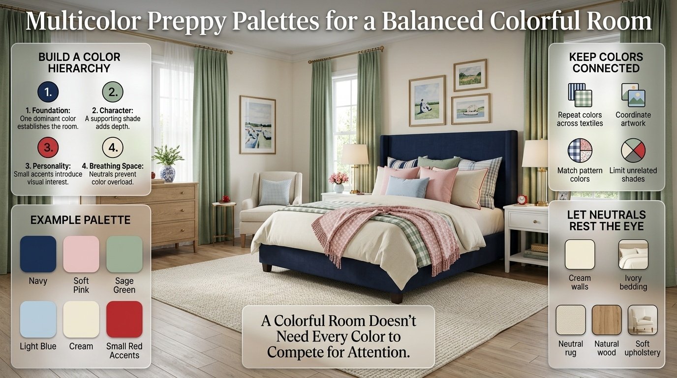 Multicolor preppy bedroom using navy, pink, sage, light blue, cream, and red with balanced accents, patterns, and neutral space. Multicolor Preppy Palettes for a Balanced Colorful Room