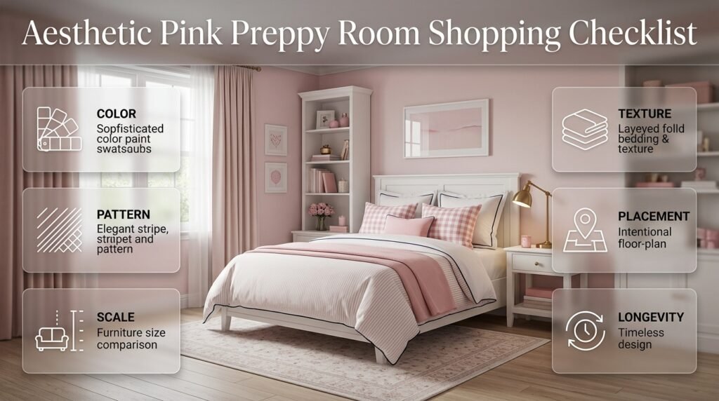 Pink preppy room shopping checklist showing color, pattern, scale, function, texture, placement, and longevity considerations.