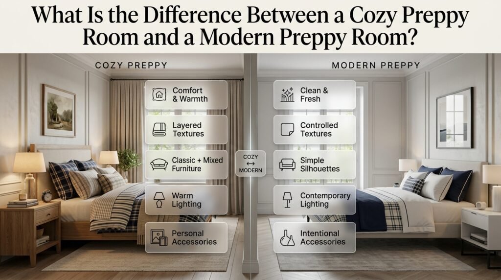 Cozy preppy and modern preppy rooms compared through furniture, textures, patterns, lighting, accessories, and atmosphere