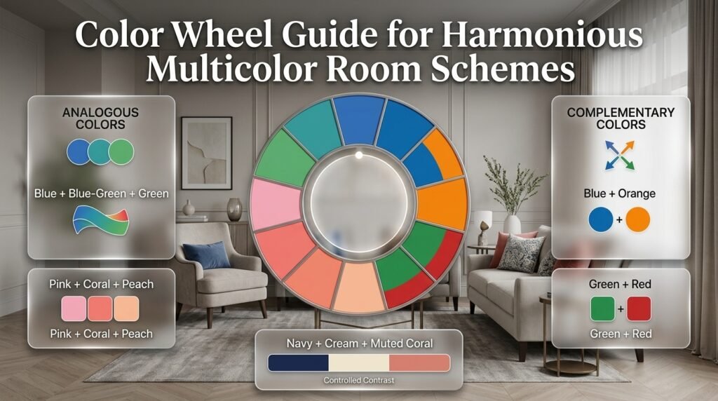 Color wheel showing analogous and complementary color schemes for creating balanced multicolor interior designs with blue, green, coral, and cream.