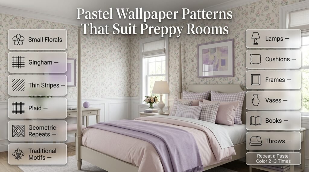 Elegant preppy room with pastel floral wallpaper, gingham, stripes, plaid, cushions, lamps, frames, vases, and coordinated decor.