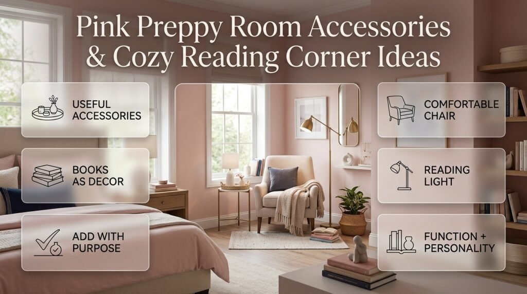 Pink preppy room with books, decorative accessories, reading chair, lamp, plants, baskets, and a cozy functional reading corner.