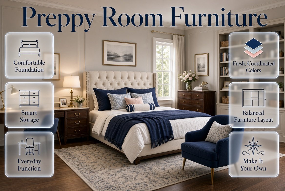 Preppy room furniture with a stylish bed, desk, storage, and classic navy and pastel accents in a polished interior Preppy Room Furniture Ideas for a Stylish, Comfortable Space