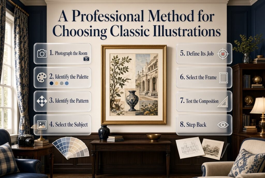 Step-by-step method for choosing classic illustrations using room palette, patterns, subjects, frames, and composition