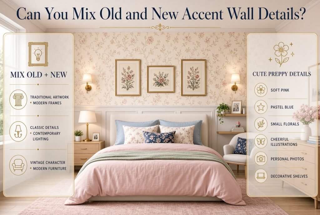 Cute preppy room combining vintage artwork, modern lighting, pastel colors, floral wallpaper, shelves, and personal decor