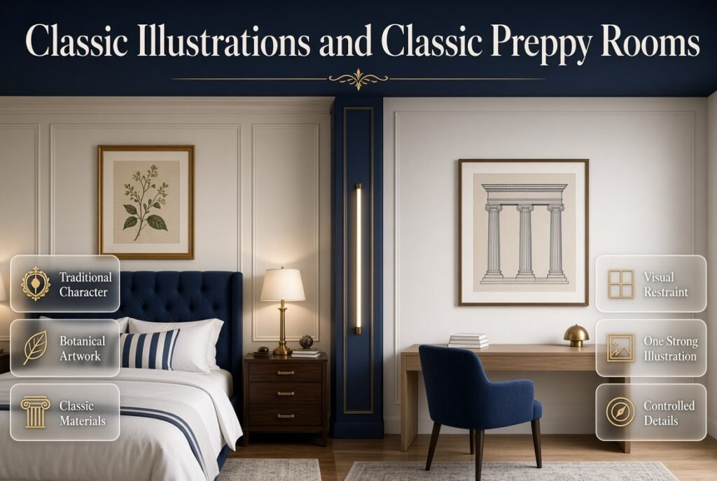 Classic illustrations styled in traditional and modern preppy rooms with navy, cream, brass, wood, and elegant framed artwork