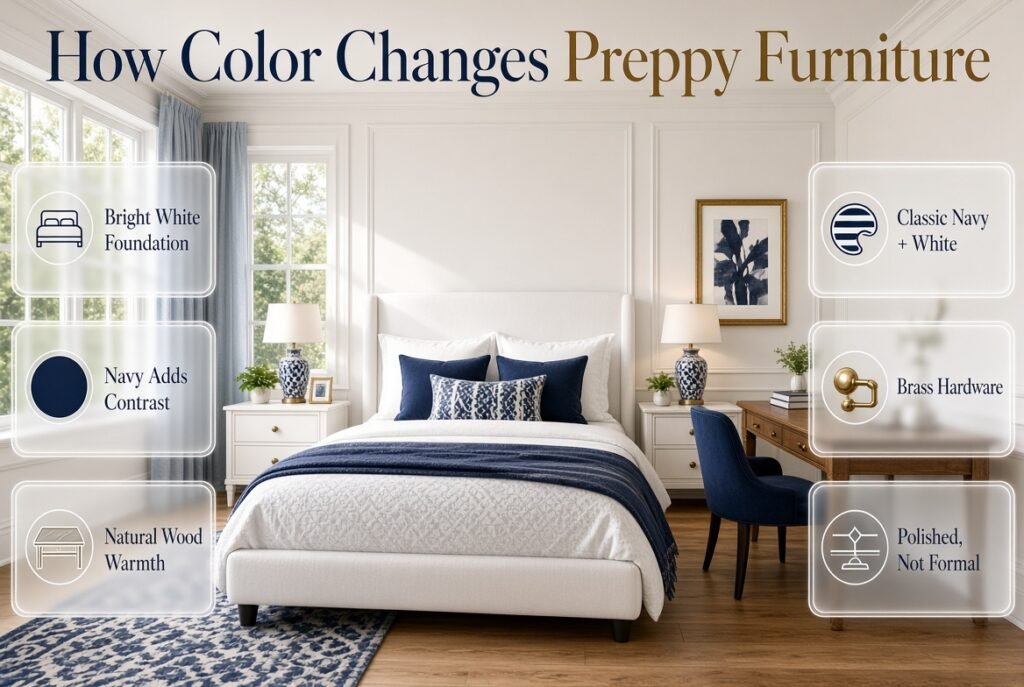 Navy and white preppy furniture with a white bed, navy chair, wood desk, brass accents, and coordinated bedding