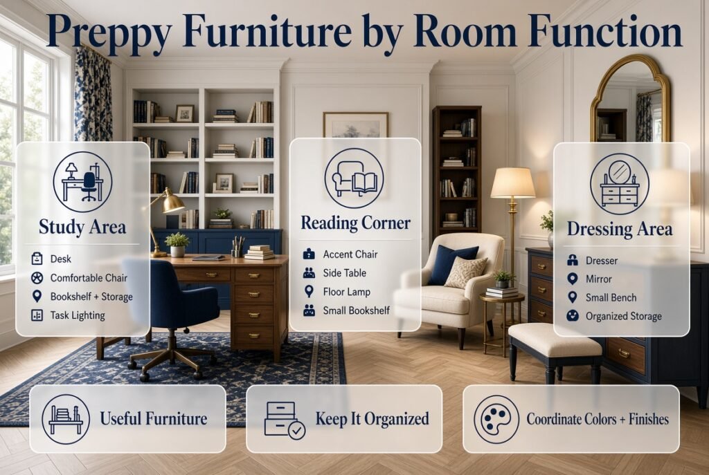 Preppy furniture arranged for a study area, reading corner, and dressing area with functional storage and coordinated details